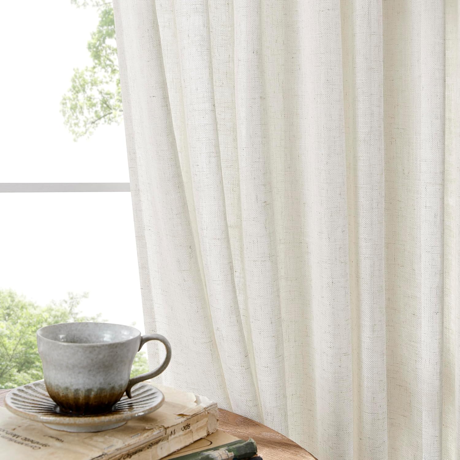 Joydeco Linen Curtains 90 Inch Length for Bedroom, Beige Semi-Sheer Light Filtreing Curtains 90 Inches Long Living Room Drapes 2 Panel Sets with Rod Pockets Back Tab (90" L x 52" W)