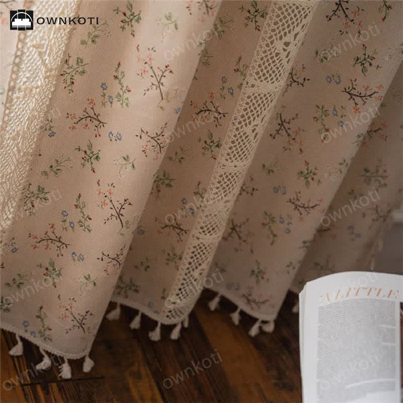 Ownkoti Floral Plaid Splicing Light Filtering Tassel Curtain - image 9