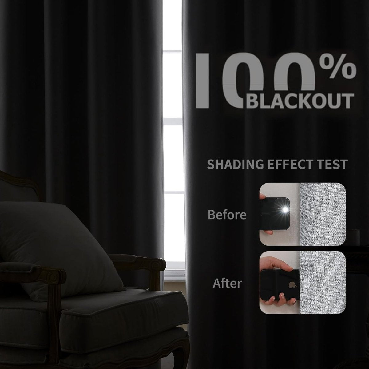Joydeco black 100% blackout curtains showing light blocking capability with shading effect test before and after.