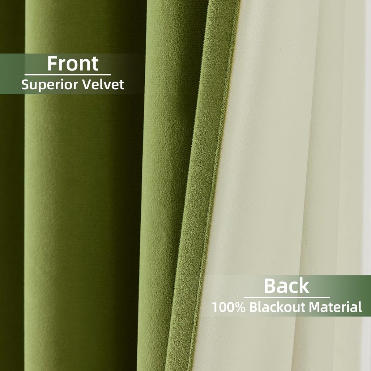 Moss green velvet curtain front, cream 100% blackout thermal insulated back fabric detail.