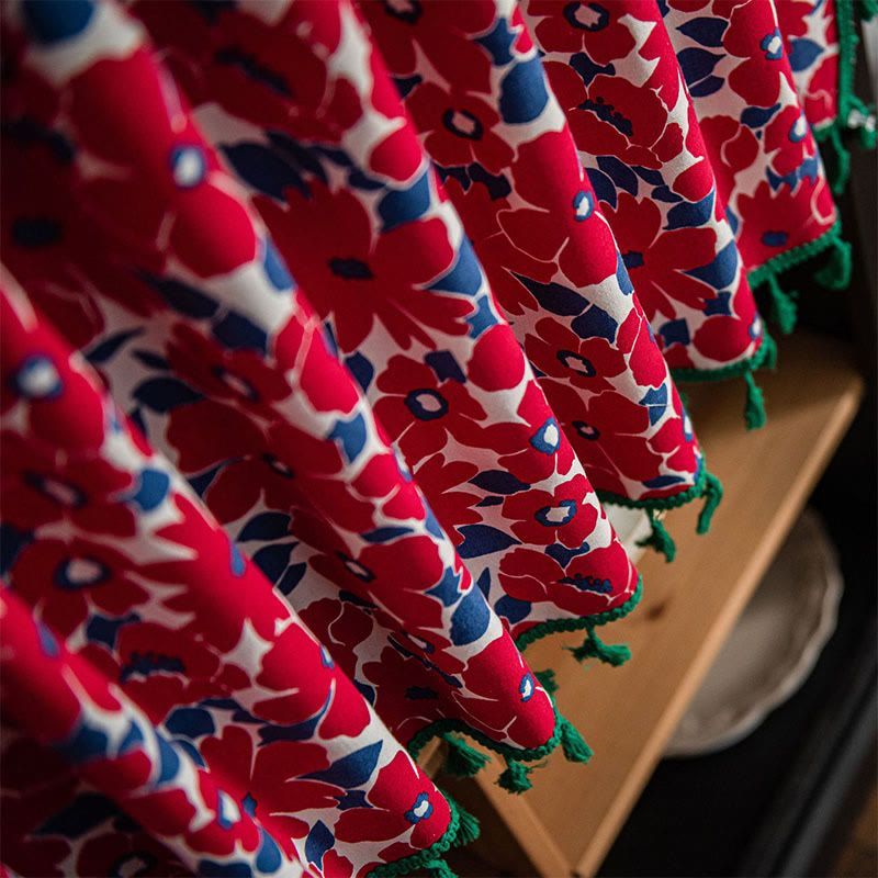 Red Flower Print Tassel Tier Curtain Curtains Ownkoti 6