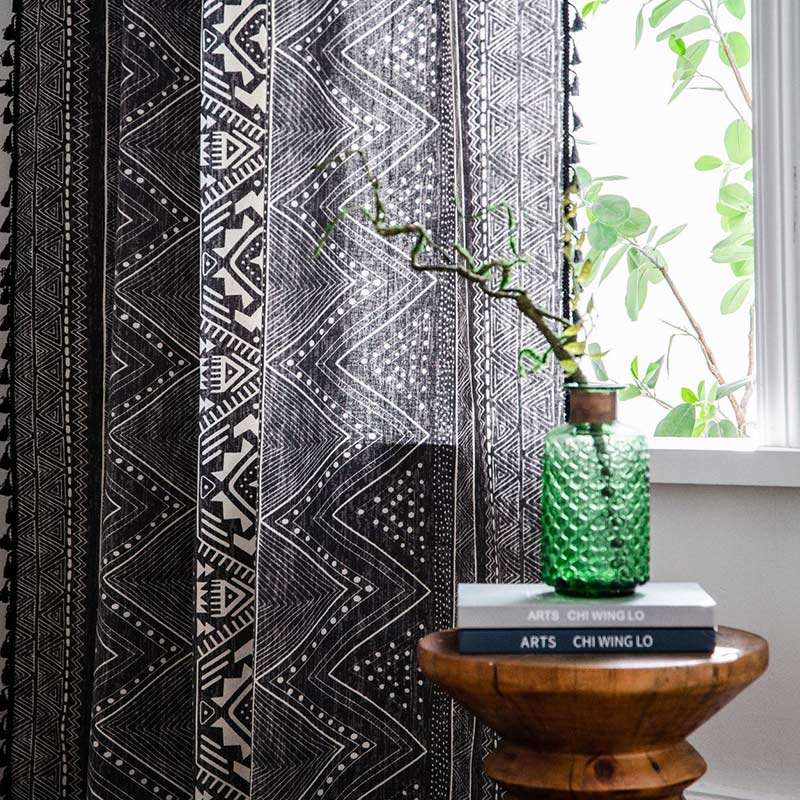 Bohemian Black Geometric Cotton Tassels Curtains