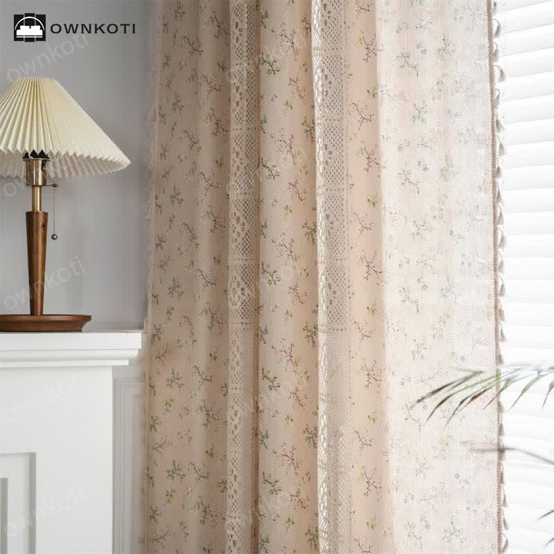 Ownkoti Floral Plaid Splicing Light Filtering Tassel Curtain - image 7