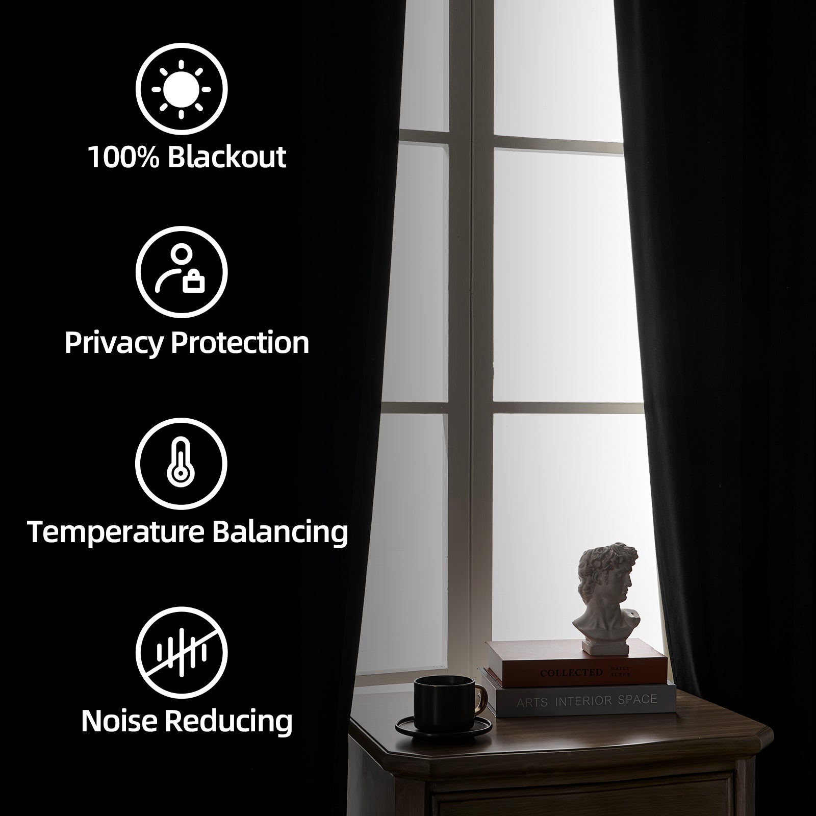 Black velvet blackout curtain: 100% blackout, privacy, thermal insulation, noise reducing.