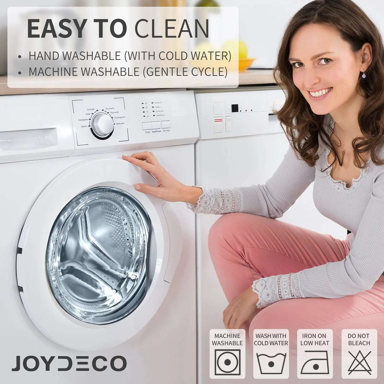 Woman next to washing machine indicating Joydeco curtains are easy to clean, machine washable with cold water.