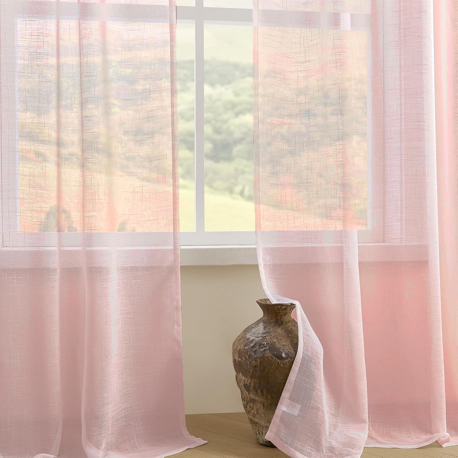 Joydeco pink sheer curtains with linen texture in a living room window, light filtering, 108 inches long, 2 panels.