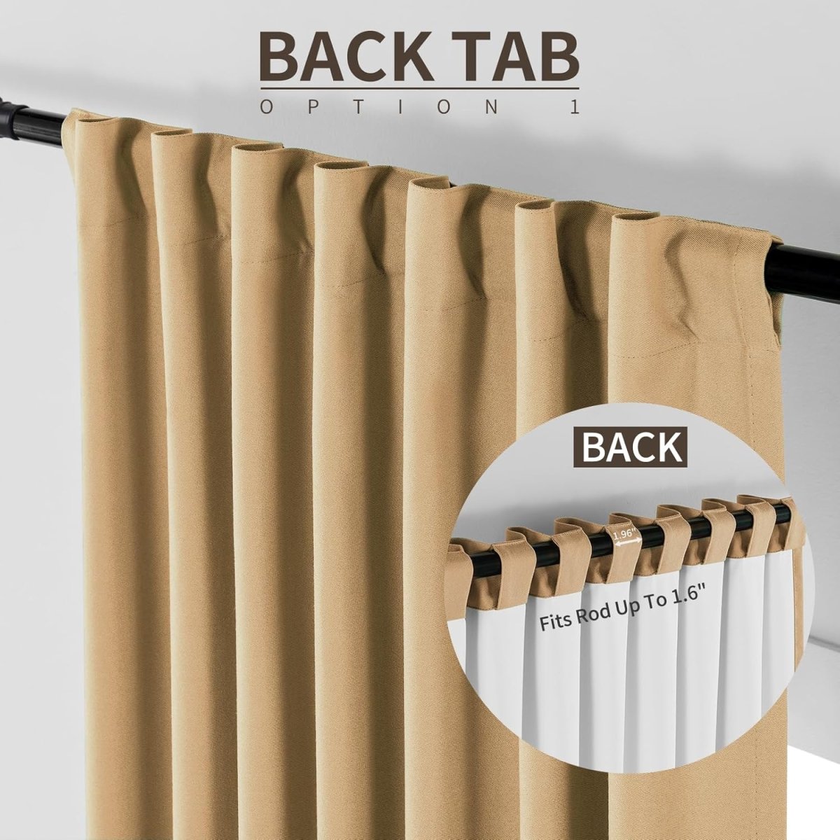 Joydeco dark beige thermal insulated blackout curtains shown with back tab hanging option, fits rod up to 1.6 inches.