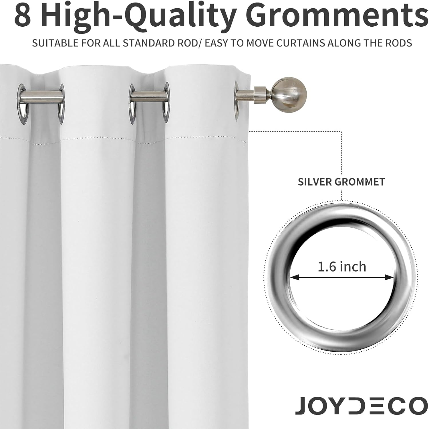 Joydeco white blackout curtain panel grommet detail, 1.6 inch inner diameter, fits standard rods.