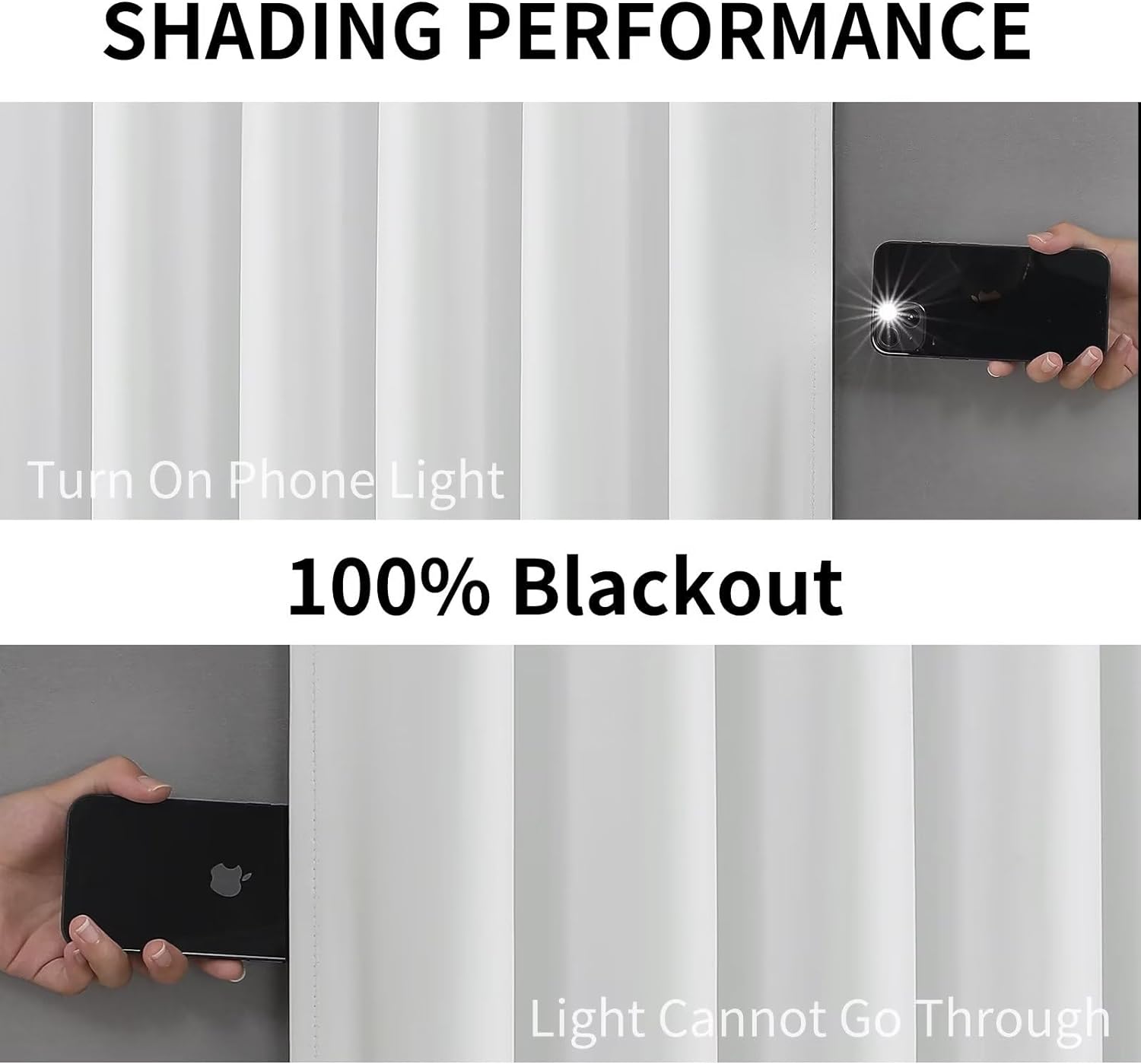 Joydeco white blackout curtains demonstrating 100% light blocking with phone flashlight test.