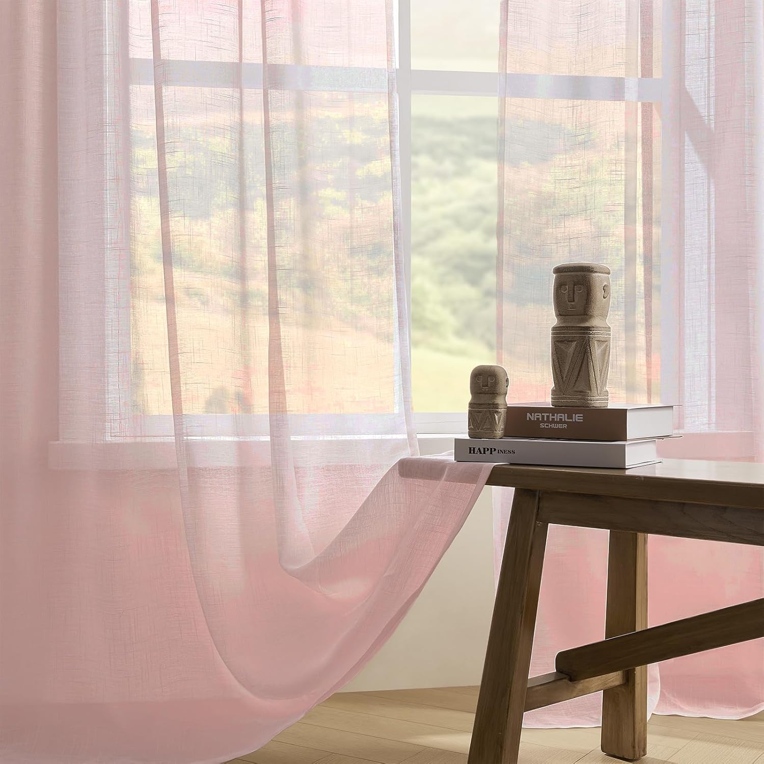 Joydeco sheer beige linen blend curtains, 108 inches long, light filtering, 2 panels for living room.