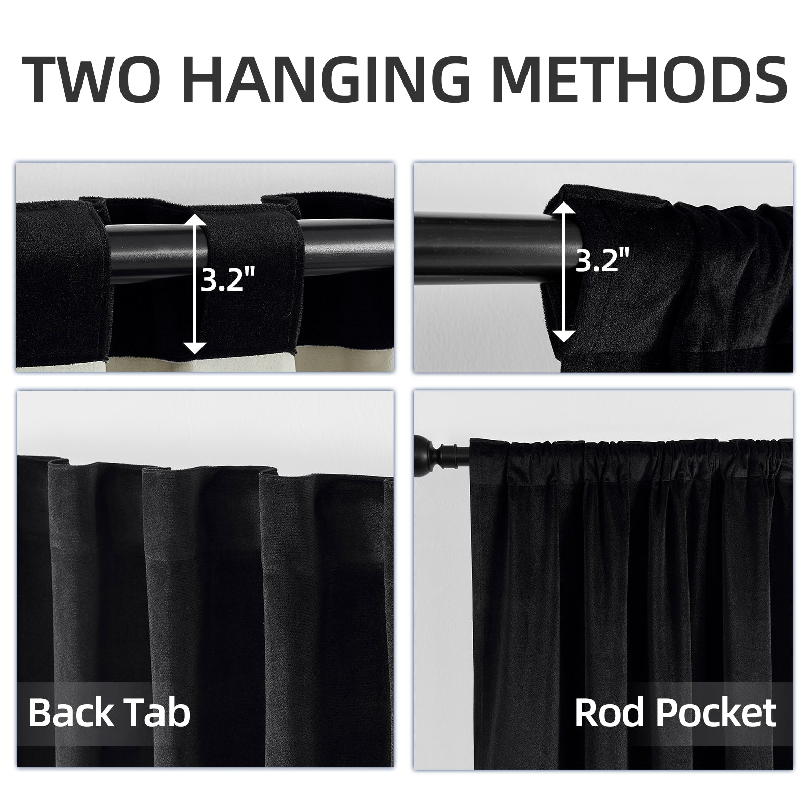 Joydeco black velvet curtains show back tab and rod pocket hanging methods, each with a 3.2-inch measurement.