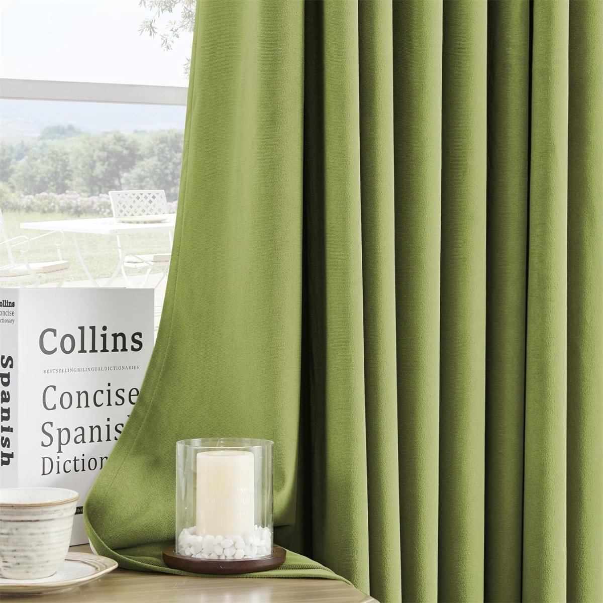 Moss green velvet curtains with rich texture and elegant drape, perfect for blackout and thermal insulation in any room.