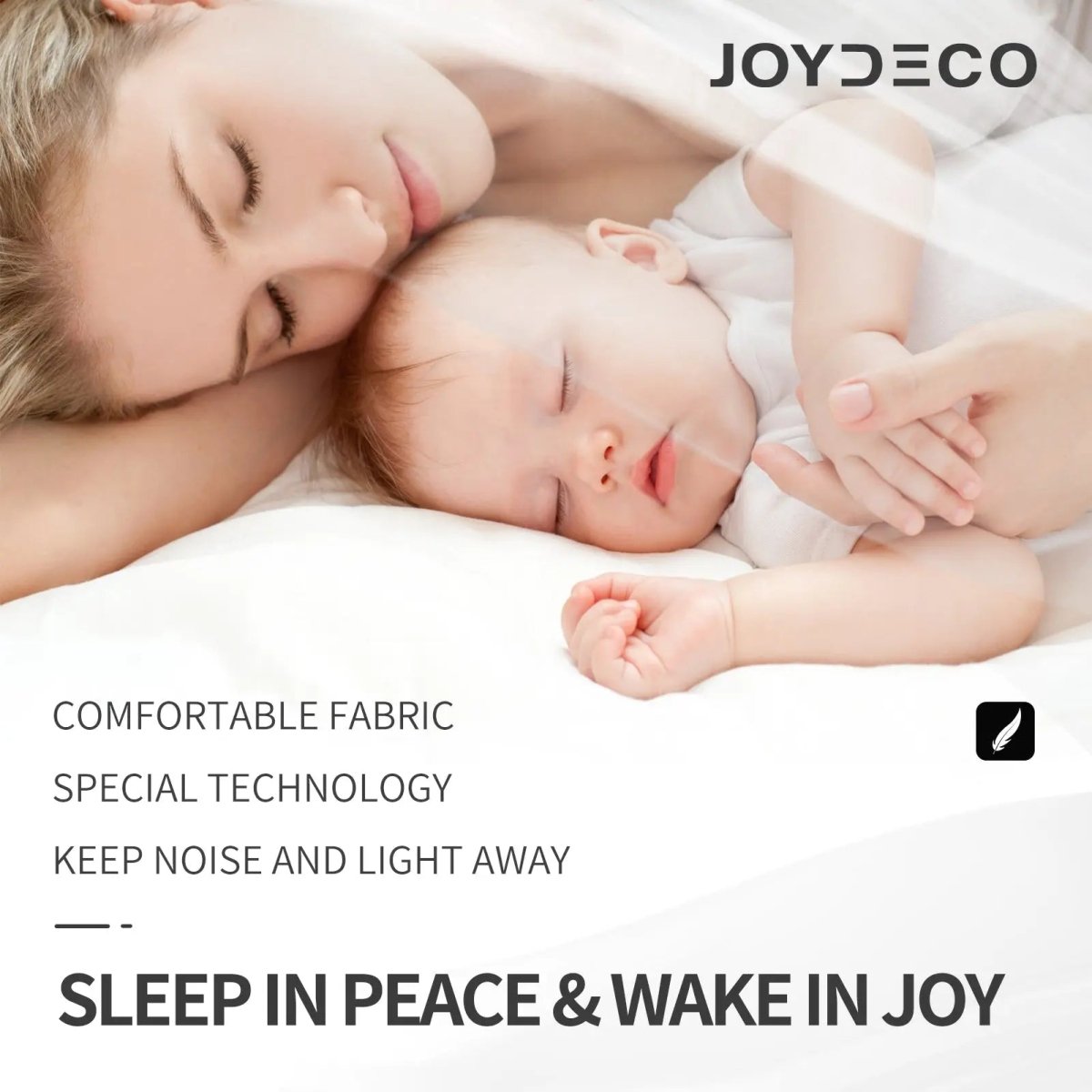 Joydeco blackout curtains promote peaceful sleep for mother and baby, blocking noise and light.