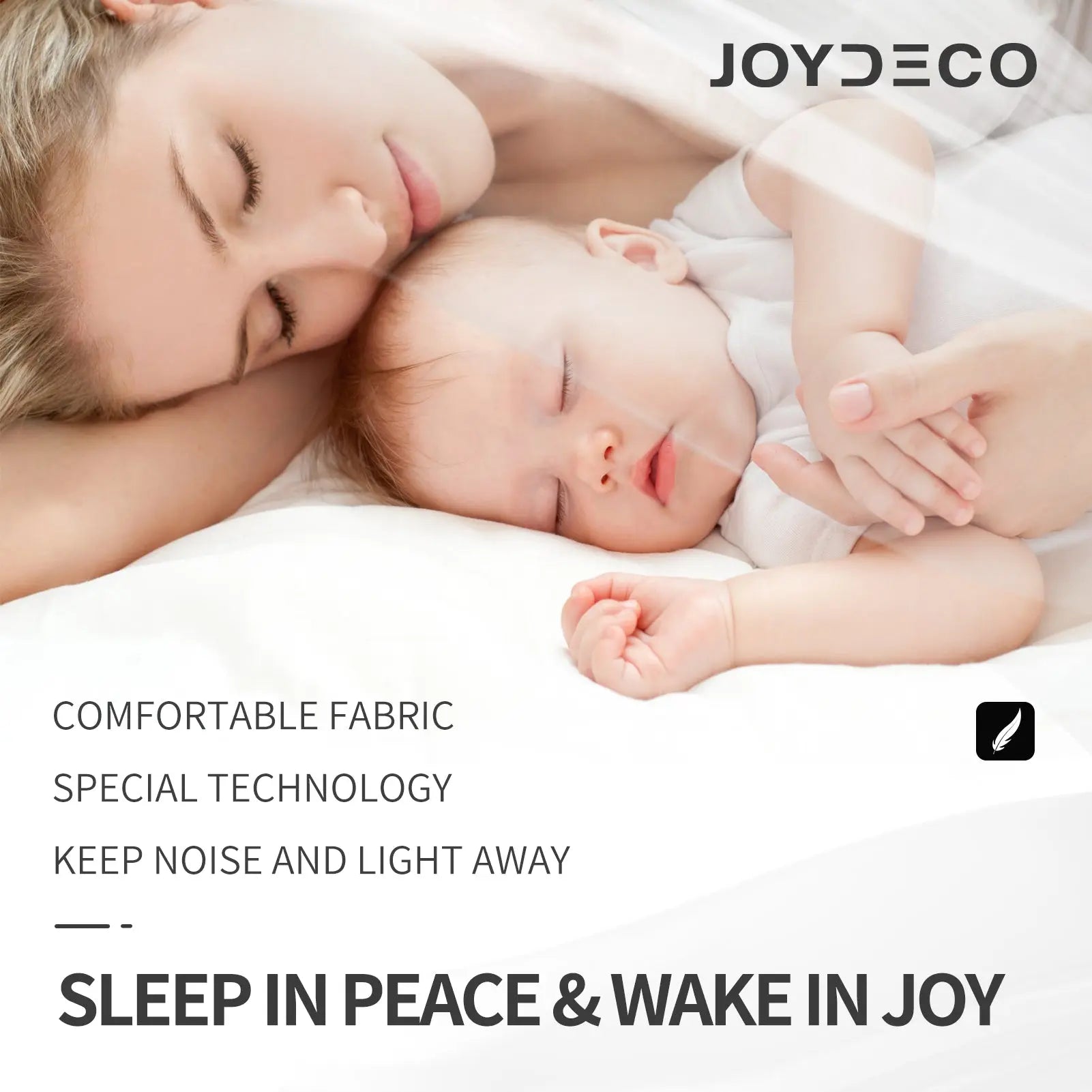 Joydeco blackout curtains promote peaceful sleep for mother and baby, blocking light and noise for comfort.