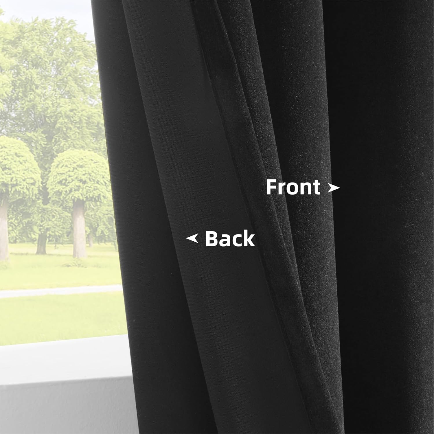 Black velvet curtain fabric detail: soft front vs. thermal blackout back, showing window view.
