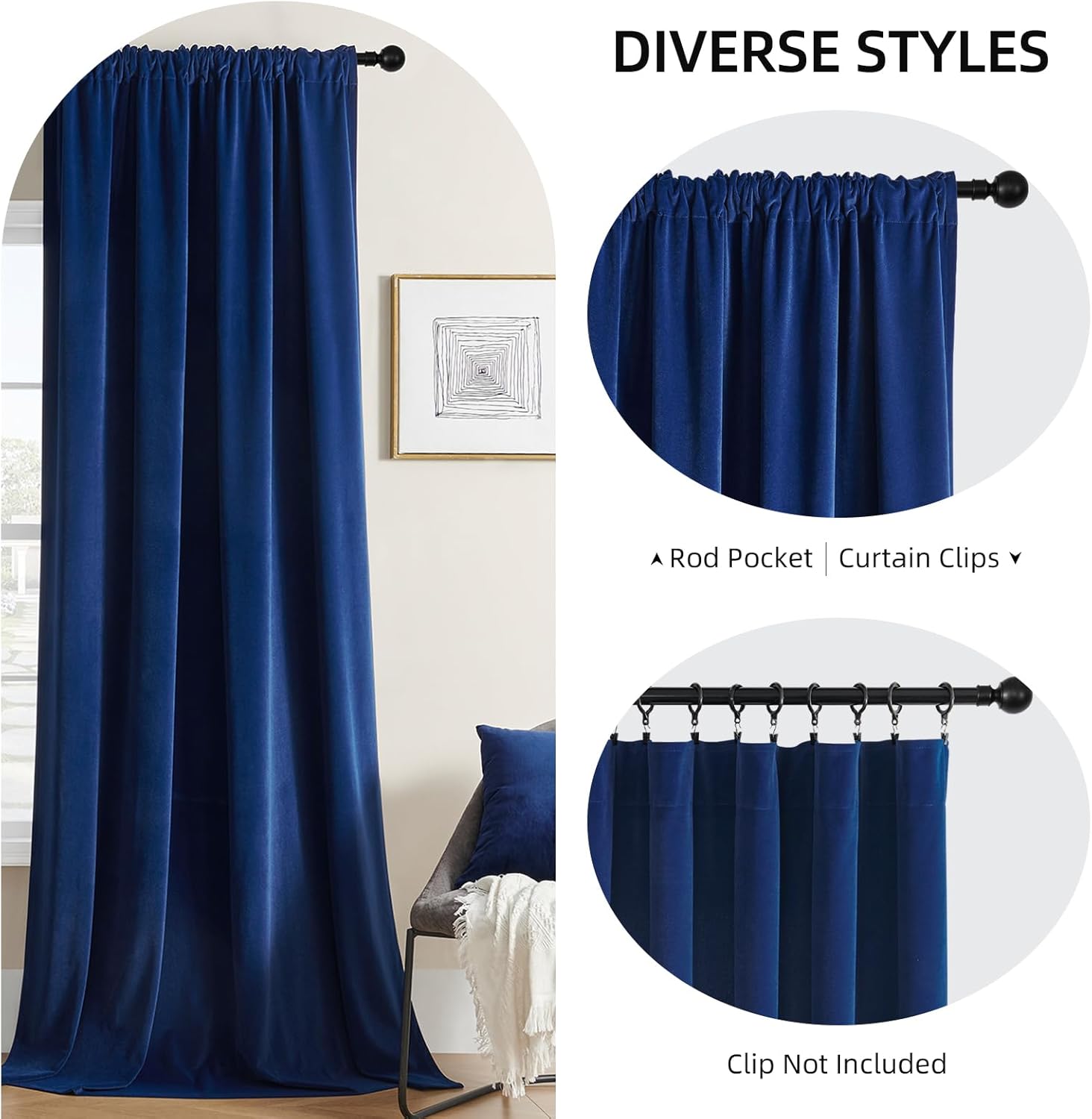 Navy blue velvet curtains shown with rod pocket and clip hanging styles. Thermal insulated, blackout drapes for windows.