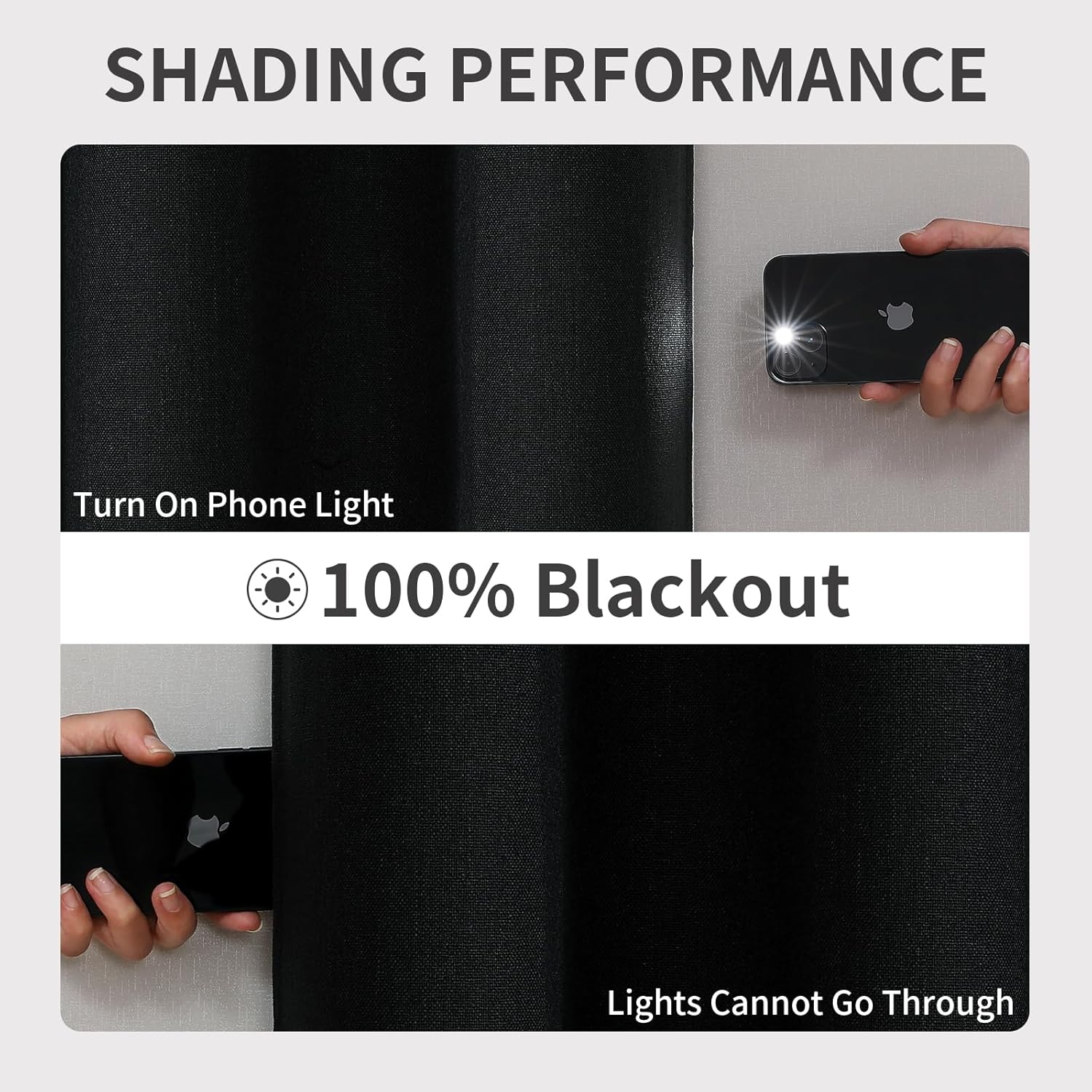 Black faux linen blackout curtains demonstrating 100% light blocking from phone flashlight. Product shading performance page.