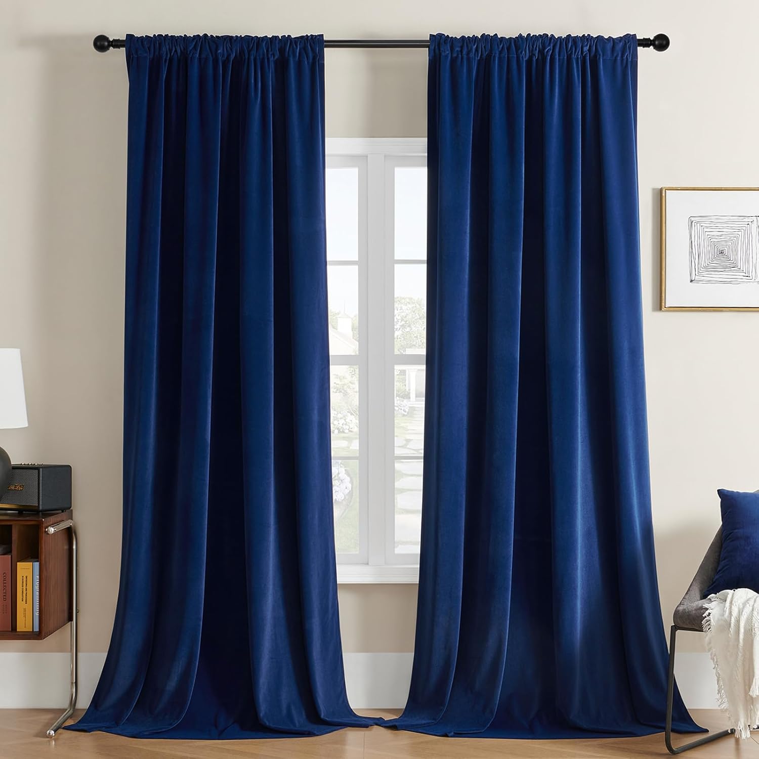 Two blue velvet rod pocket curtains, 90" L. Thermal insulated blackout drapes for living room.