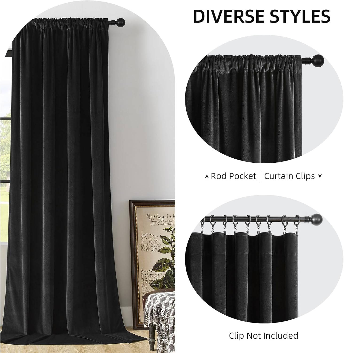 Black velvet curtains showing rod pocket and clip hanging options for diverse styles, 96 inch length.