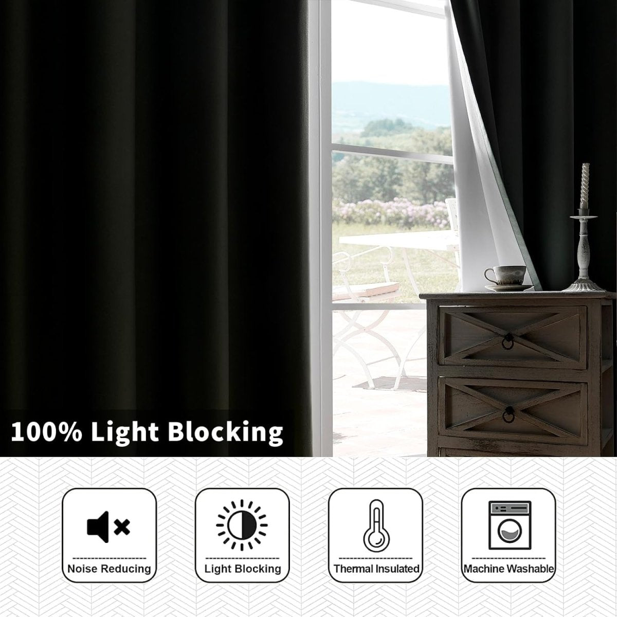 Joydeco black blackout curtains: 100% light blocking, thermal insulated, noise reducing. Includes machine wash icon.
