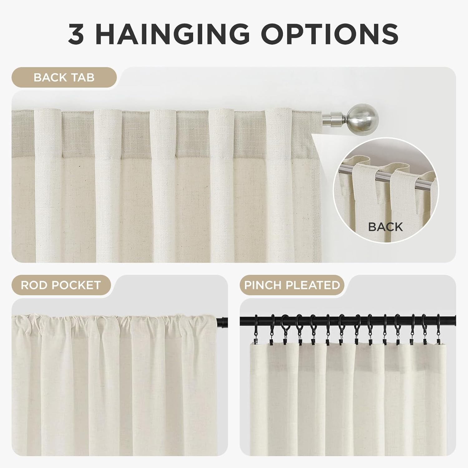 Ivory linen blend curtains shown with back tab, rod pocket, and pinch pleat hanging options for living rooms.