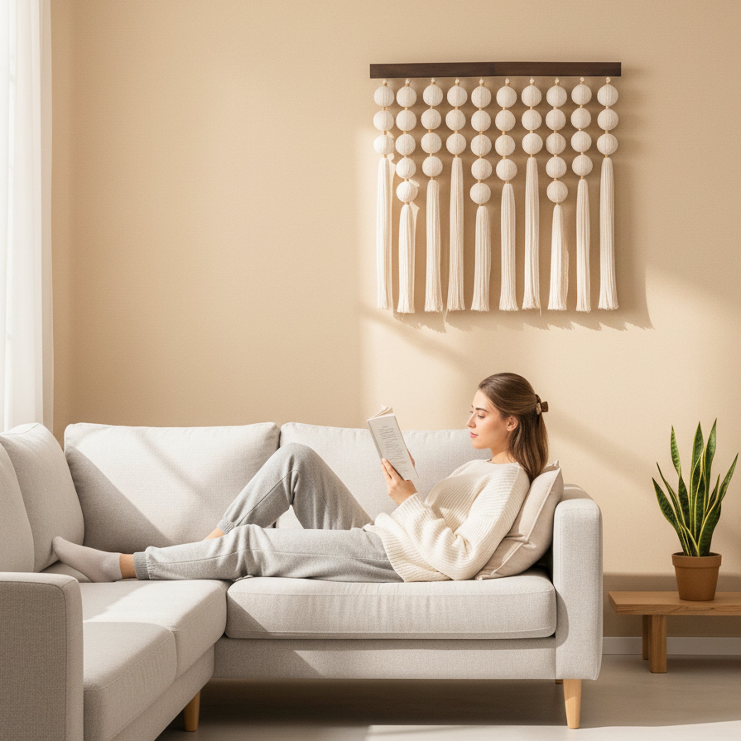 Handmade Macrame Wall Hanging with Natural Wood, Bubble Boho Fiber Wall Decor