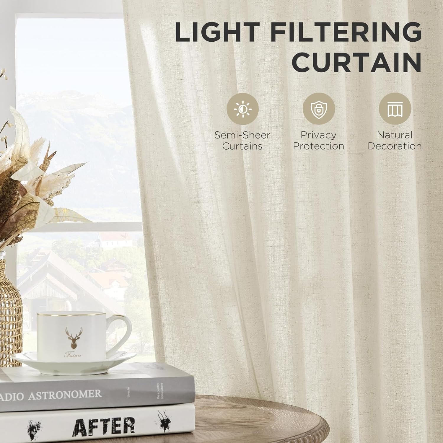 Ivory light filtering linen curtains, 90" long, semi-sheer for living room. Natural light and privacy.