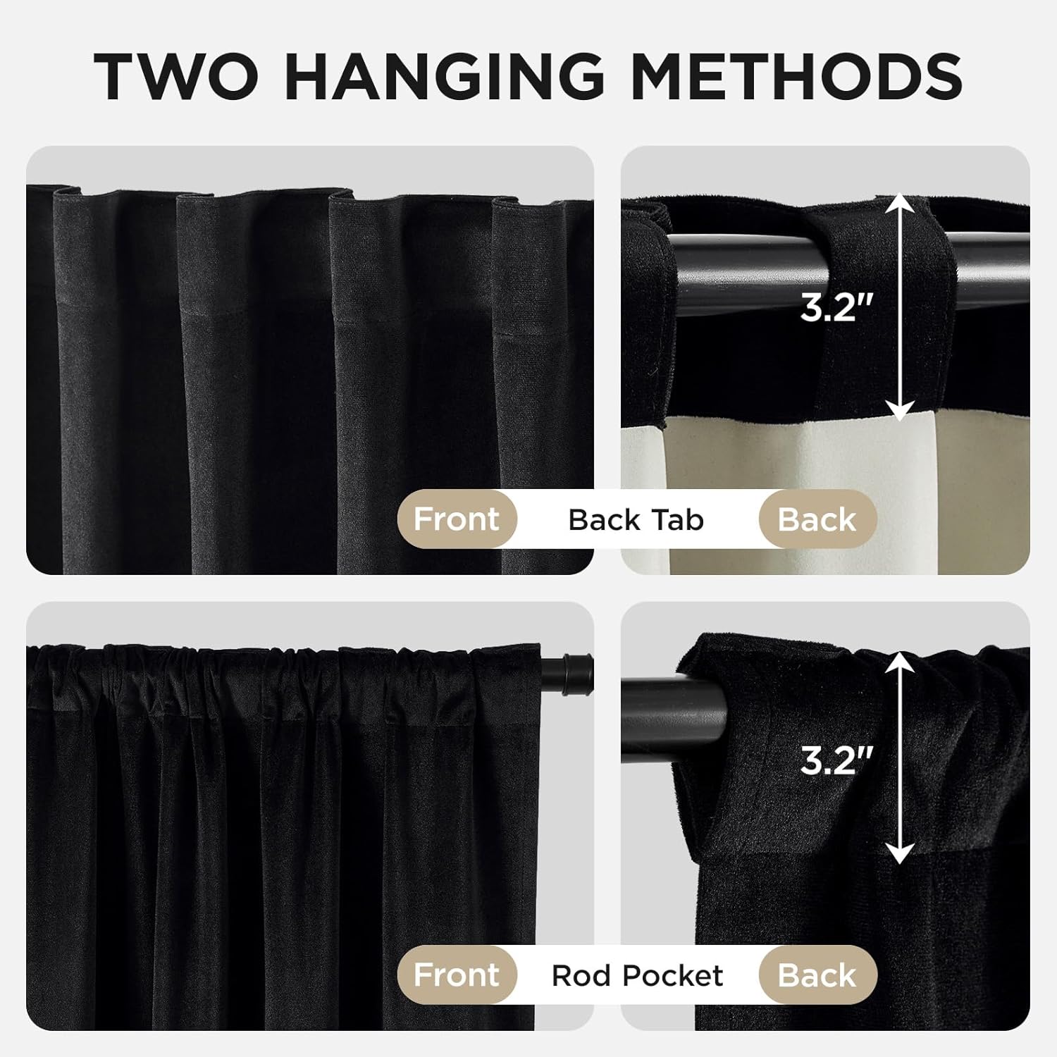 Joydeco luxury blackout velvet curtains with rod pocket and back tab hanging options.