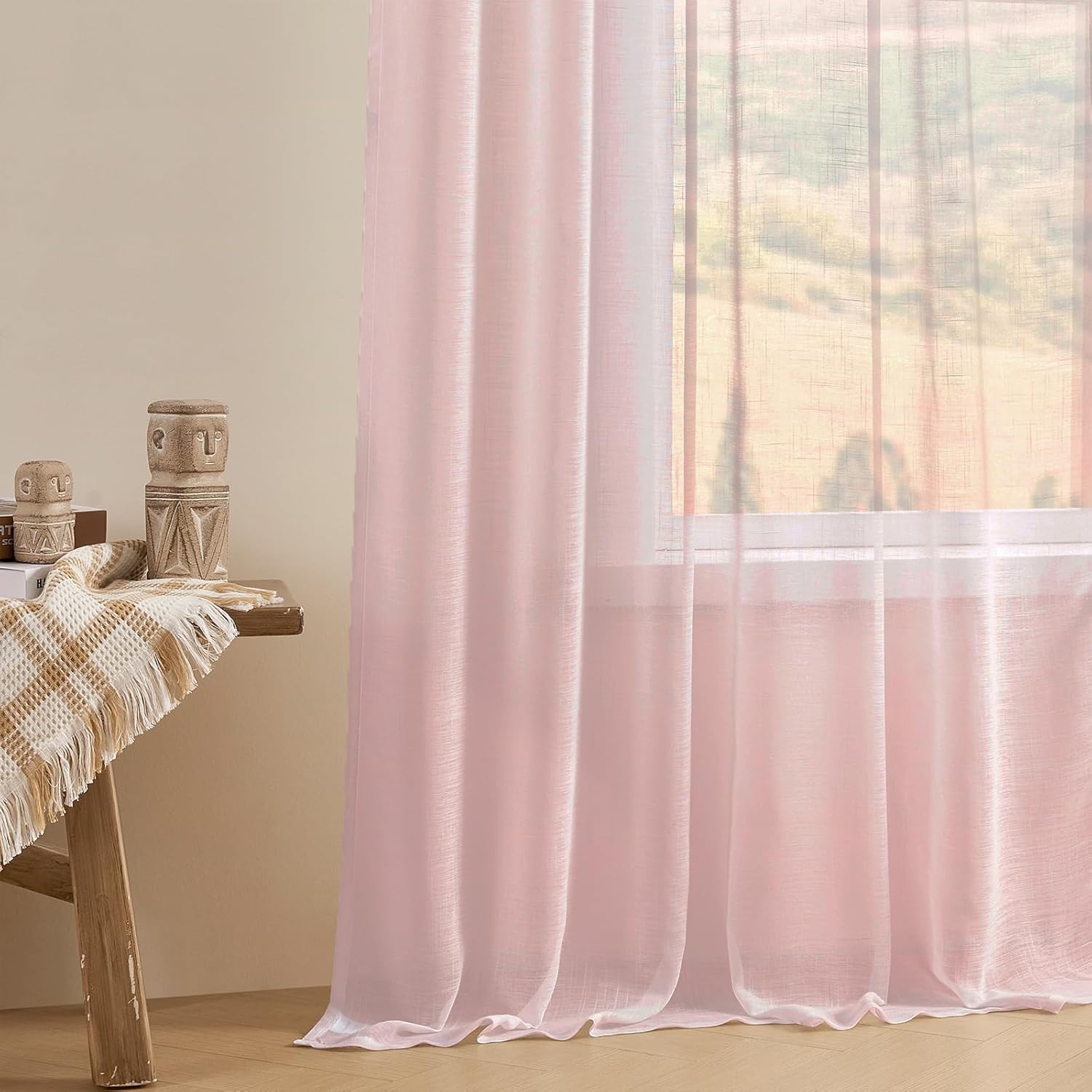 Joydeco sheer beige linen blend farmhouse curtains 108 inches long, light filtering for living room, 2 panels.