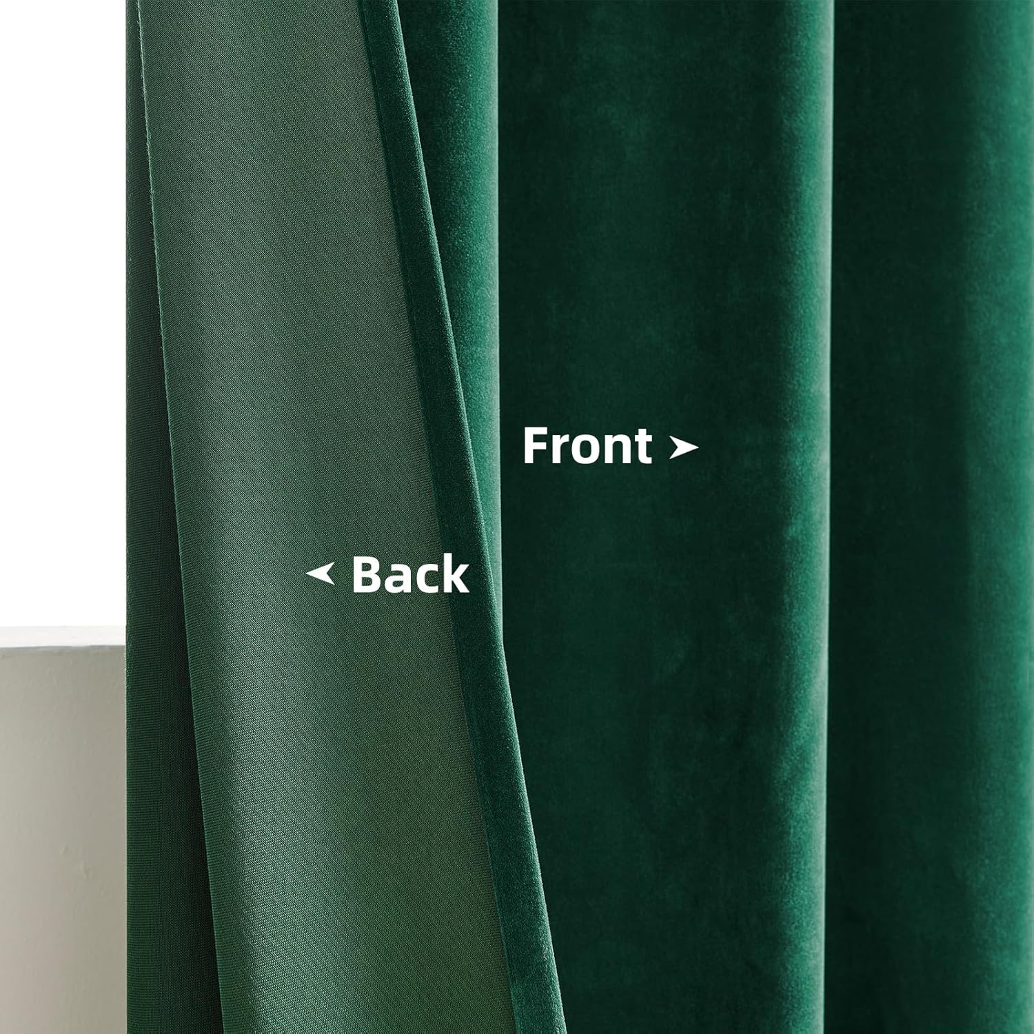 Close-up of dark green velvet curtain showing plush front texture and woven thermal backing, labeled Front and Back.