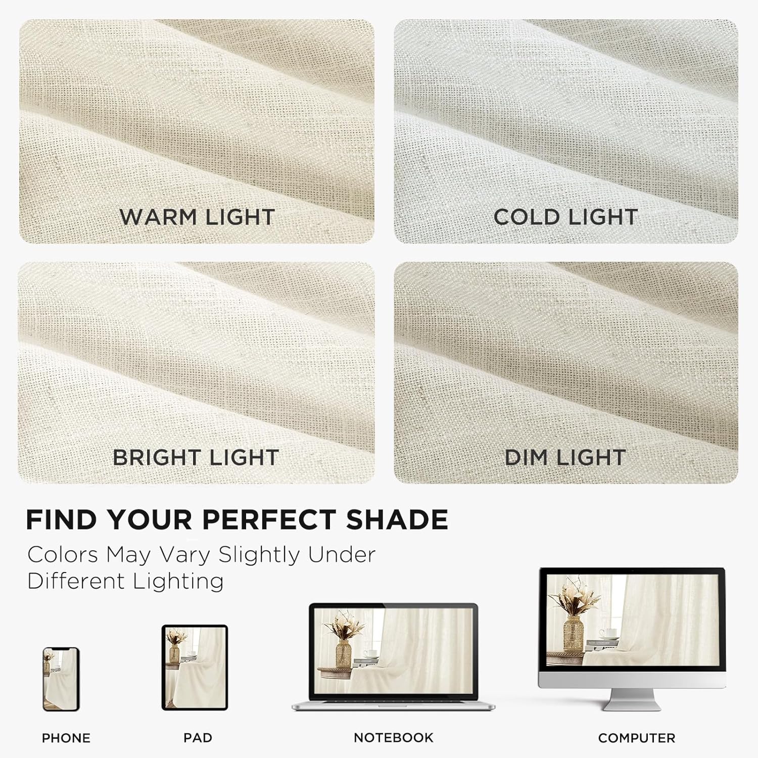 Ivory linen curtains light filtering effect in warm, cold, bright, dim light. Color display on phone, pad, laptop, computer.