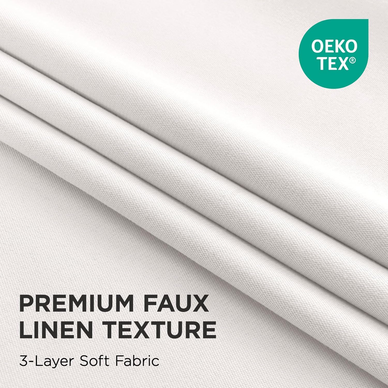 Joydeco white faux linen 3-layer soft fabric close-up with OEKO-TEX certification.