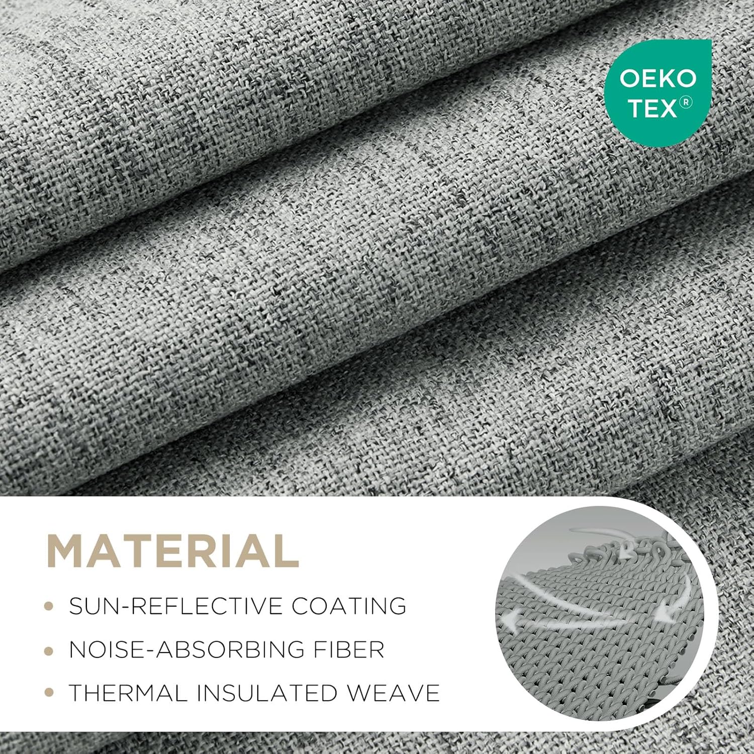 Close-up of light grey linen blackout curtain fabric, OEKO-TEX certified, showing thermal weave and sun-reflective coating.