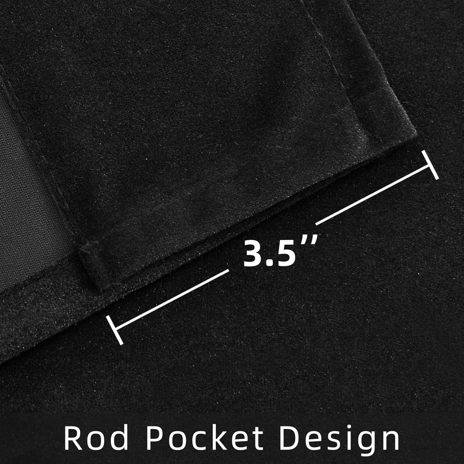Black velvet curtain close-up showing 3.5-inch rod pocket design for easy installation.