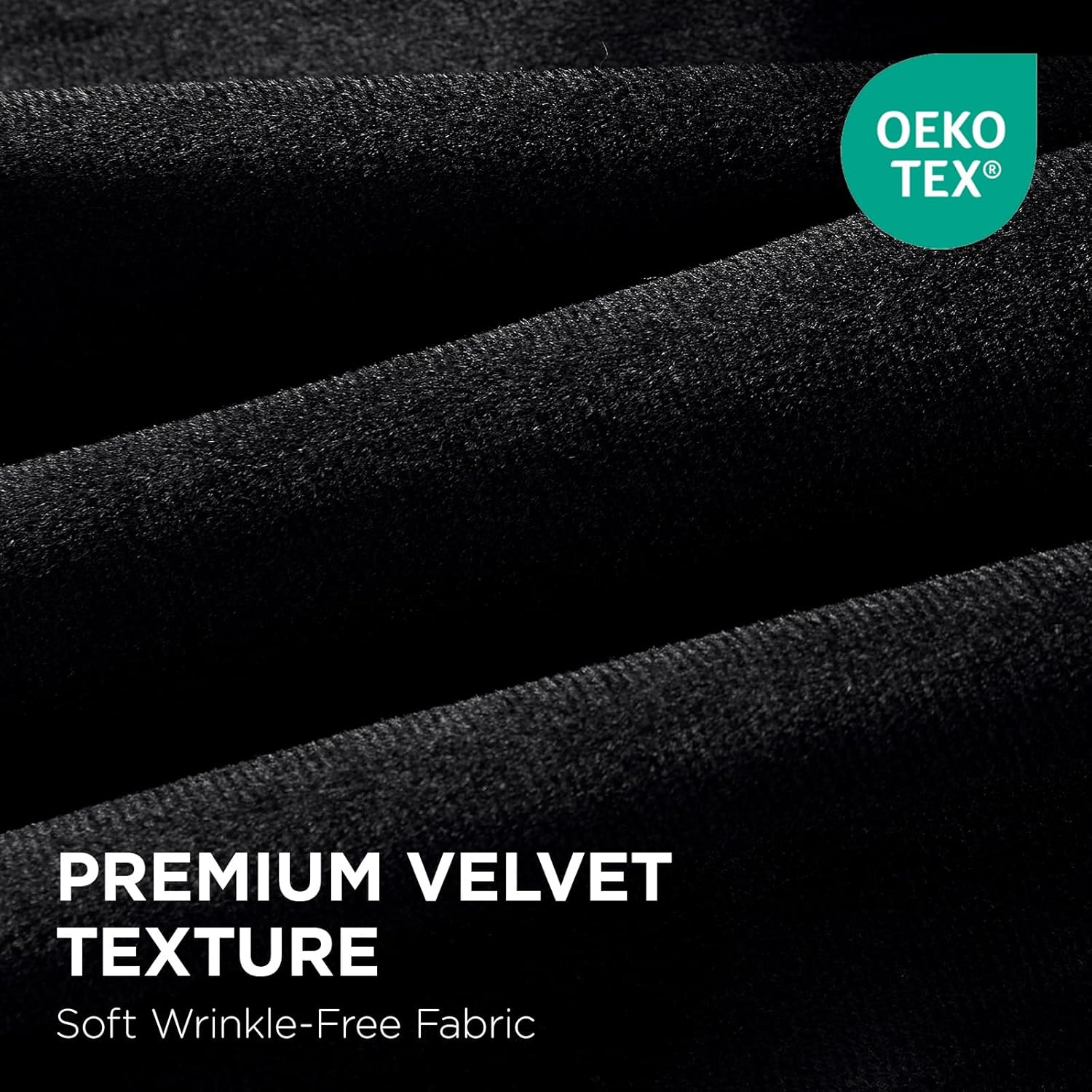 Black velvet curtain fabric close-up with OEKO-TEX logo. Premium, soft, wrinkle-free texture.
