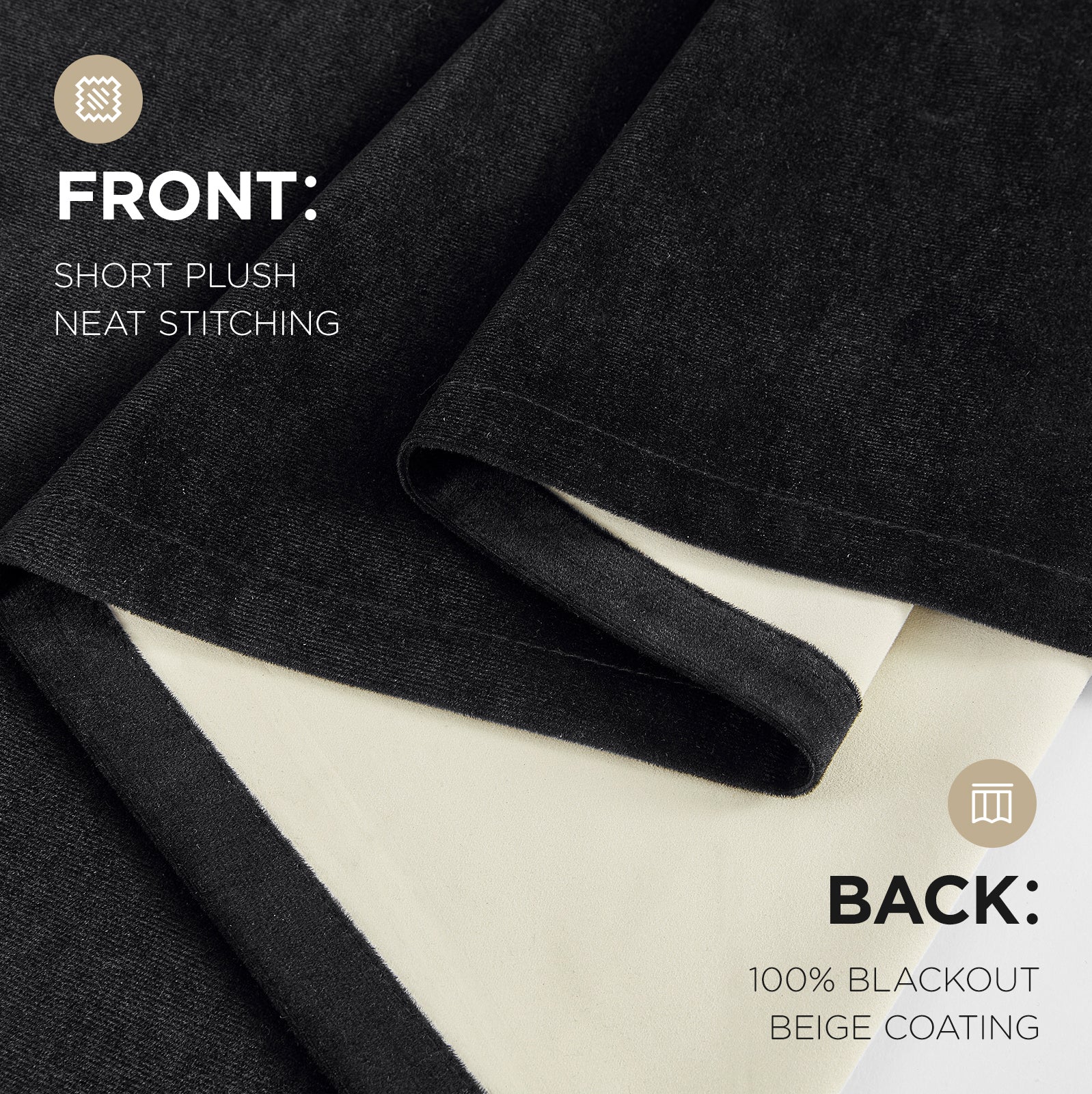 Joydeco black velvet curtain fabric front with short plush texture and neat stitching, back with beige 100% blackout coating.