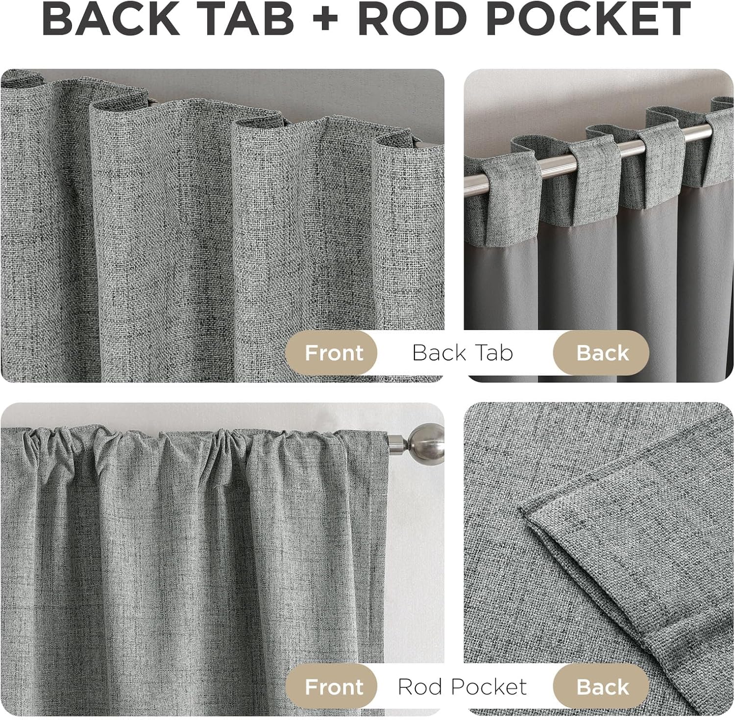 Light grey linen textured blackout curtains showcasing back tab and rod pocket hanging options for bedroom or living room.
