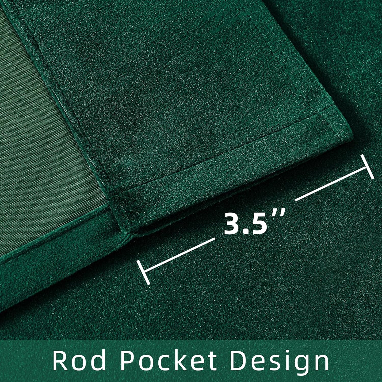 Joydeco dark green velvet curtain 3.5 inch rod pocket detail for window hanging.