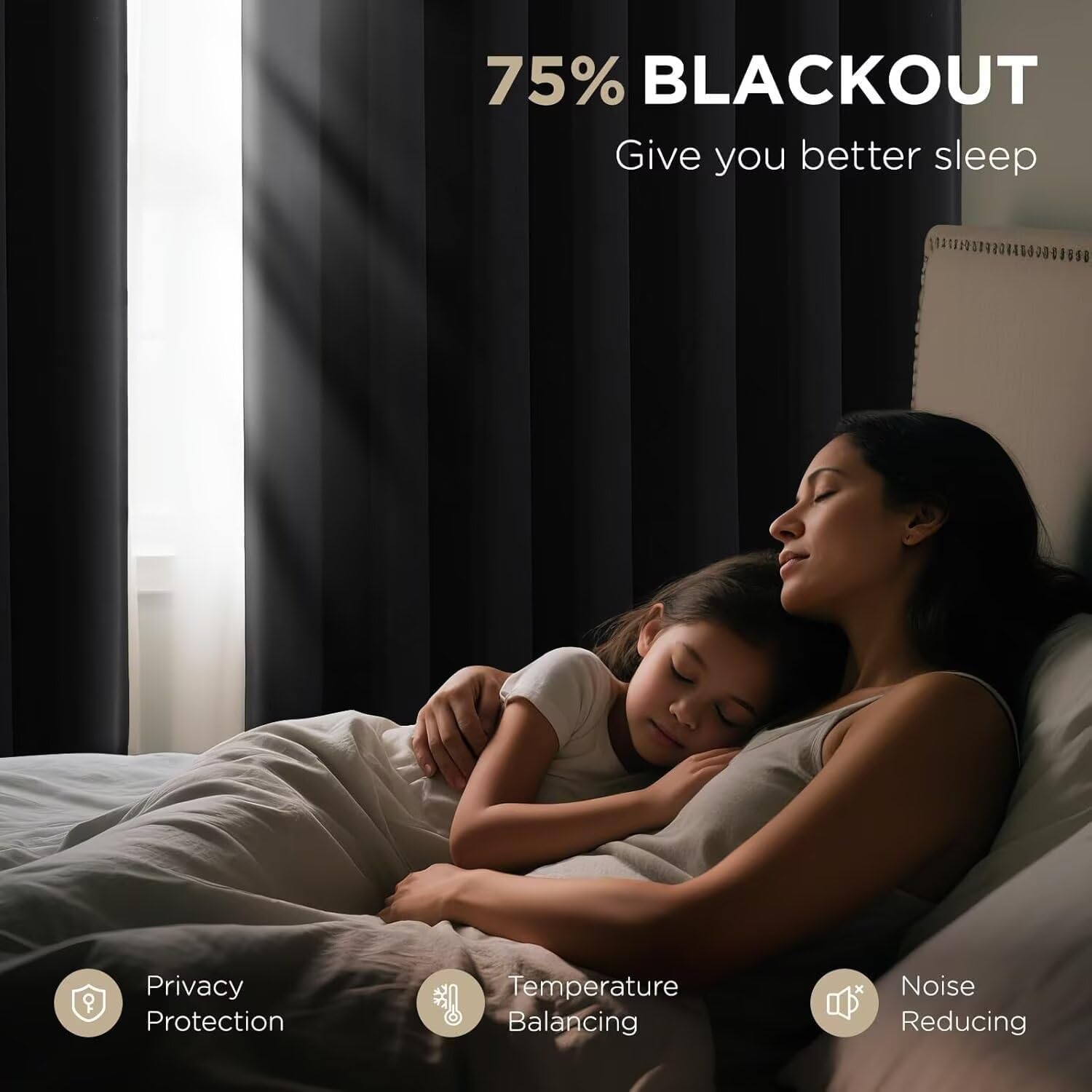 Blackout curtains help a mother and child sleep soundly, offering privacy, temperature balance, and noise reduction.