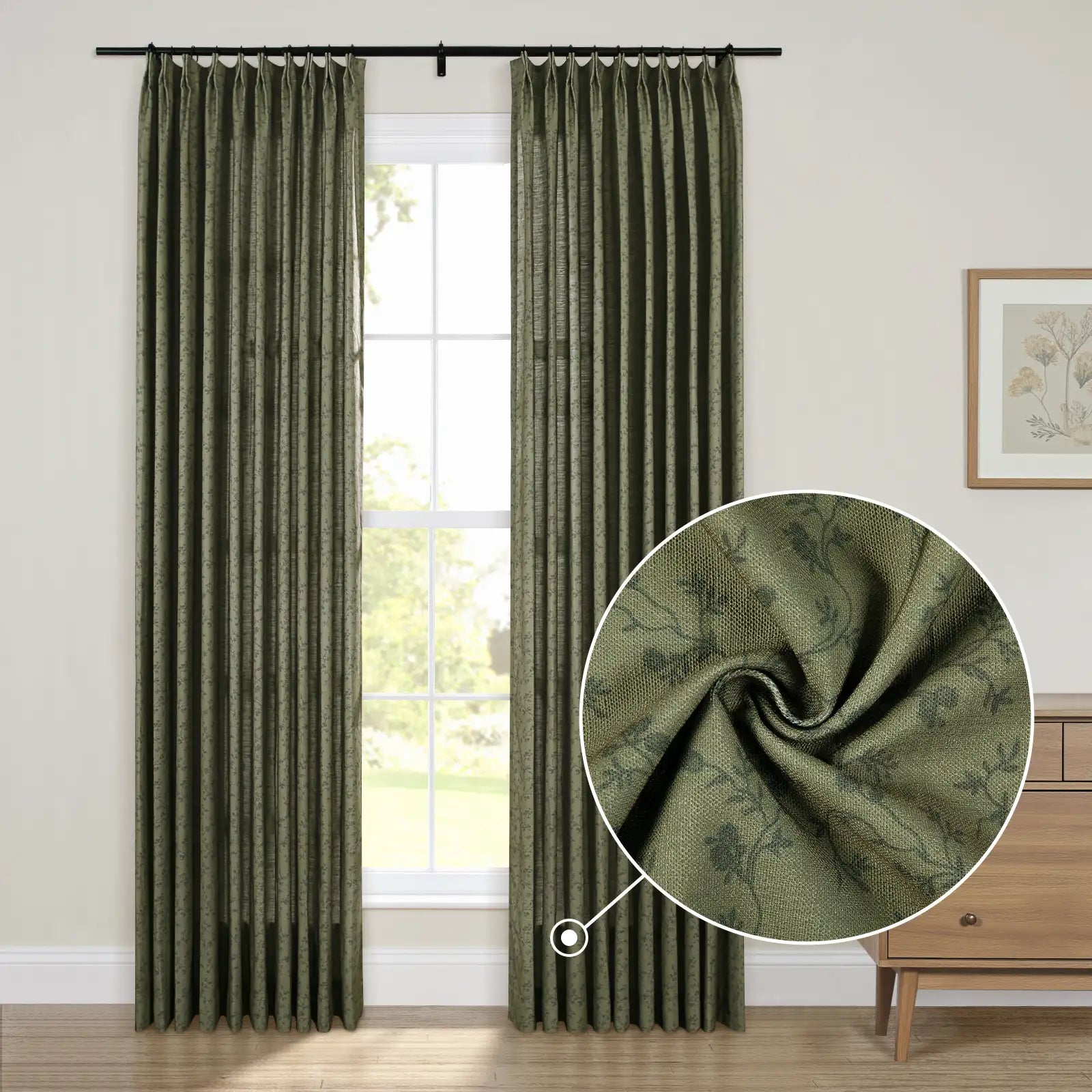 Floral print linen cotton pleated drapery for elegant insulated style