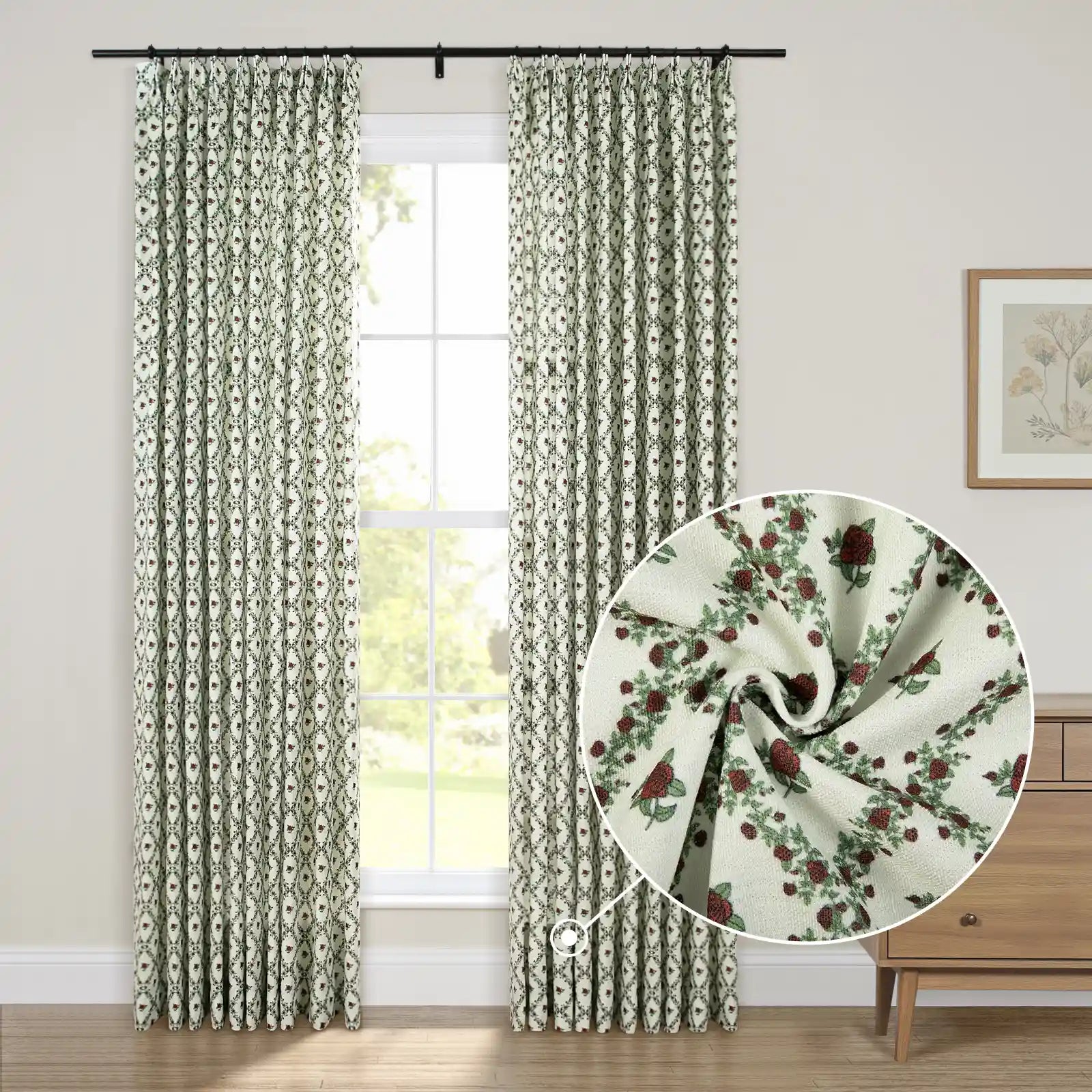 Floral print linen cotton pleated drapery for elegant insulated style