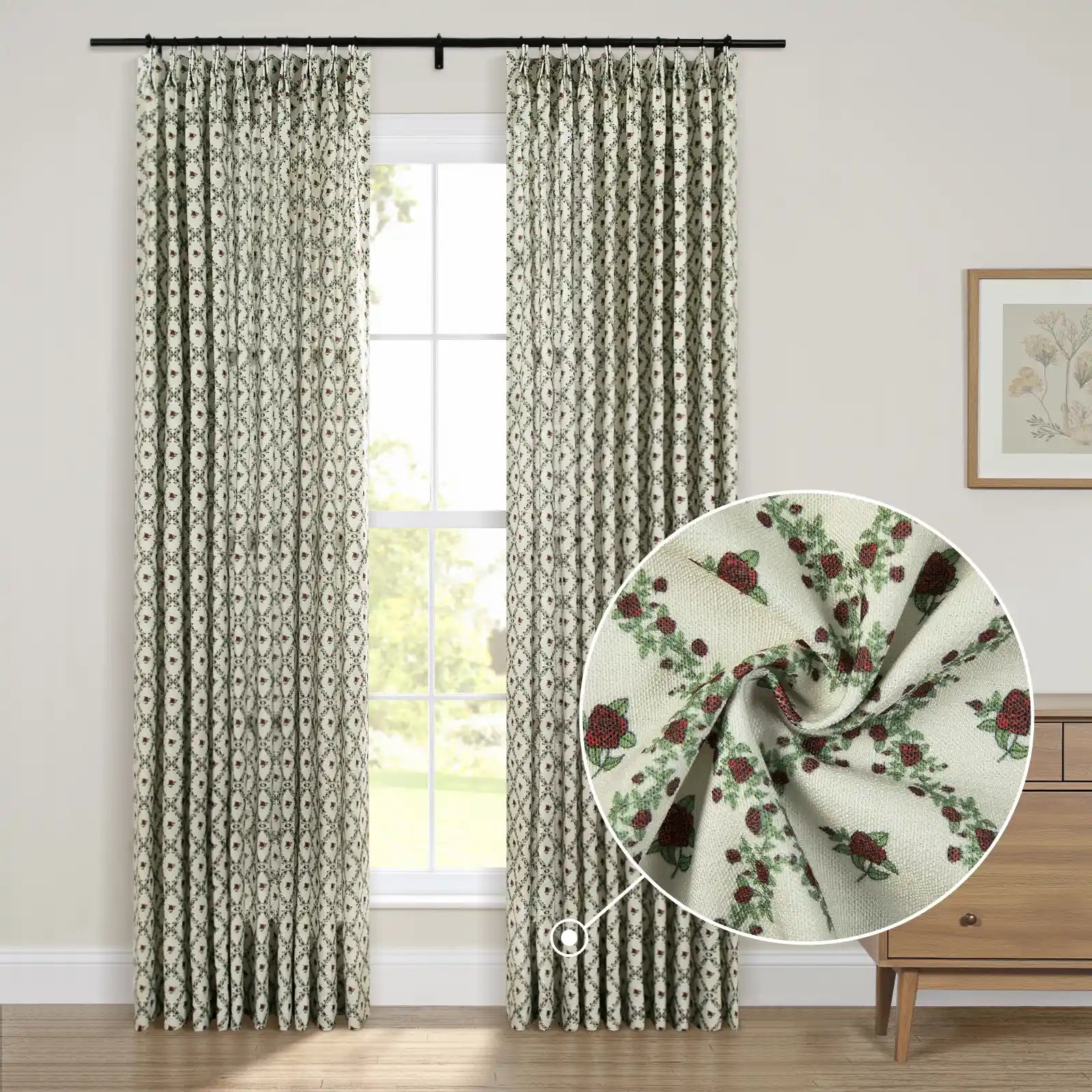 Floral print linen cotton pleated drapery for elegant insulated style