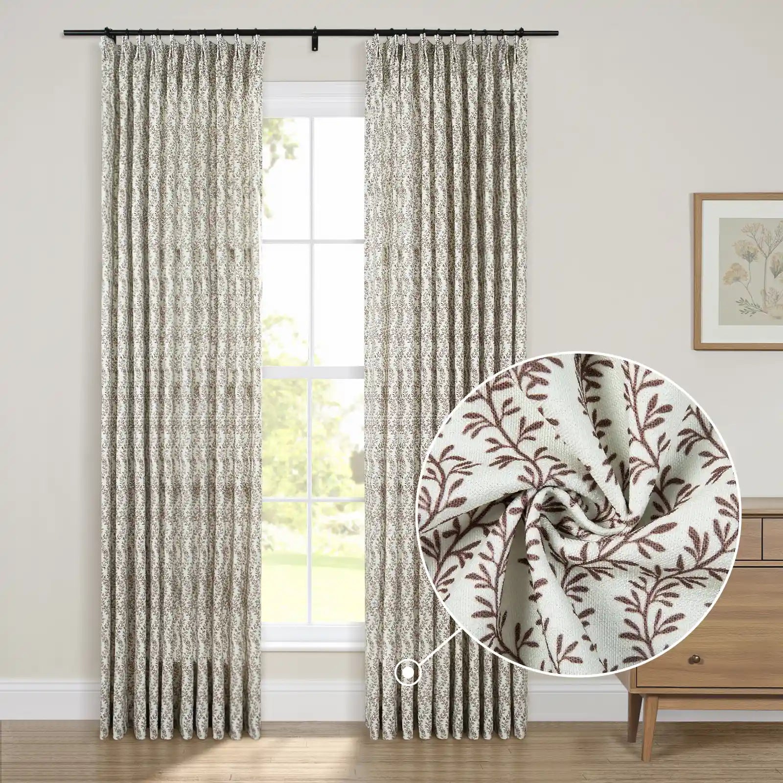 Floral print linen cotton pleated drapery for elegant insulated style