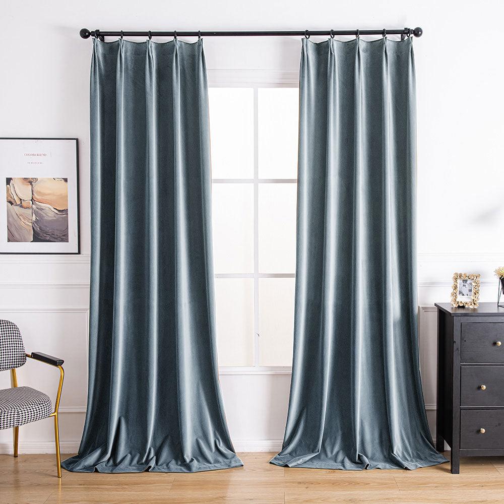 Dark Green Velvet Custom Curtains | Aushme Blackout Velvet Drapes Aushme Blue Gray-48