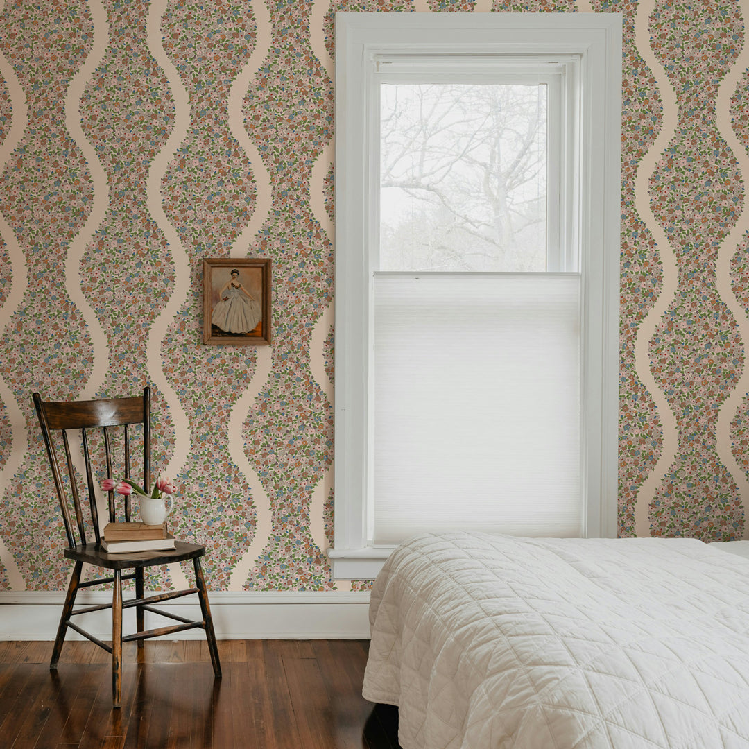 Cottagecore Floral Peel and Stick Wallpaper Delicate Wave Pattern