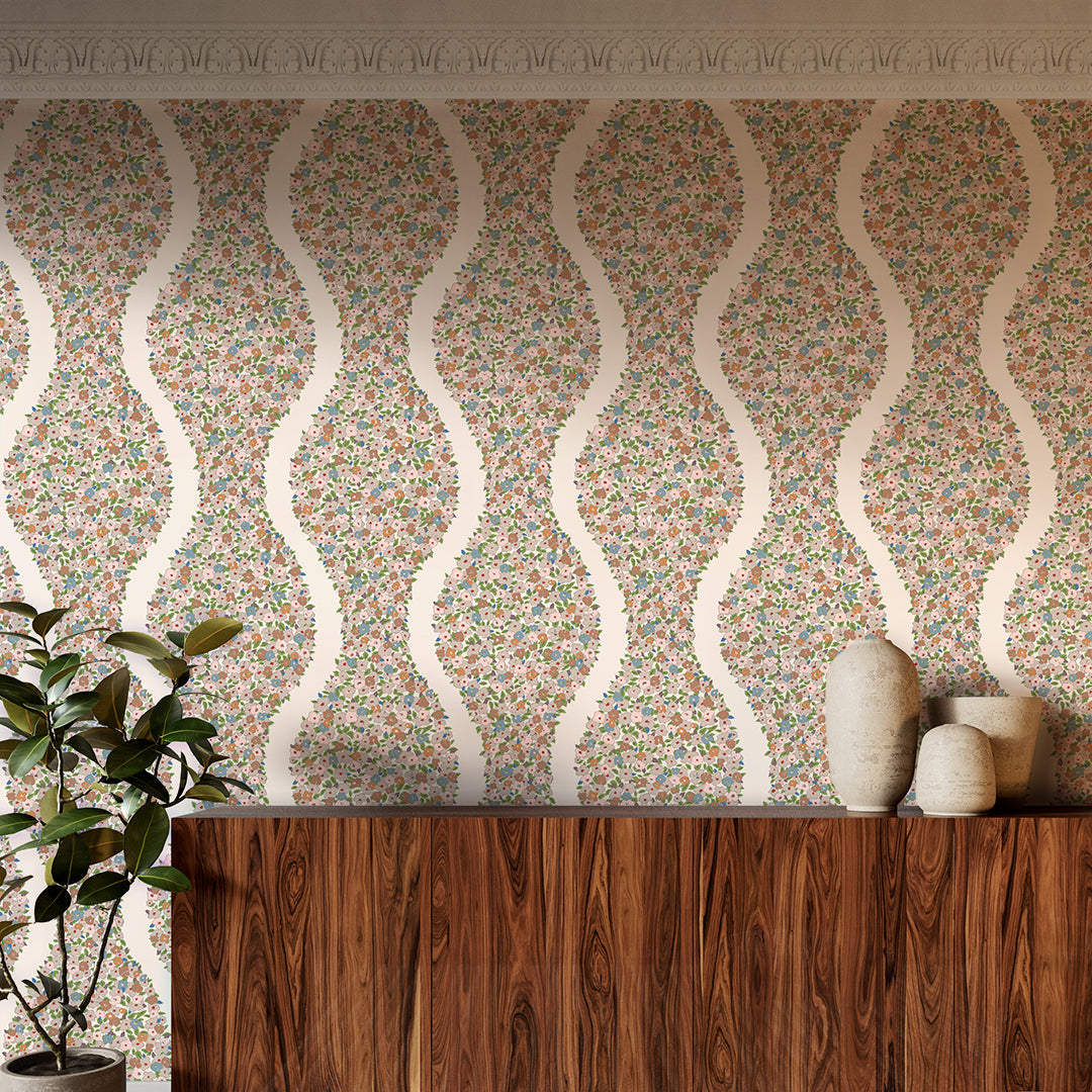 Cottagecore Floral Peel and Stick Wallpaper Delicate Wave Pattern