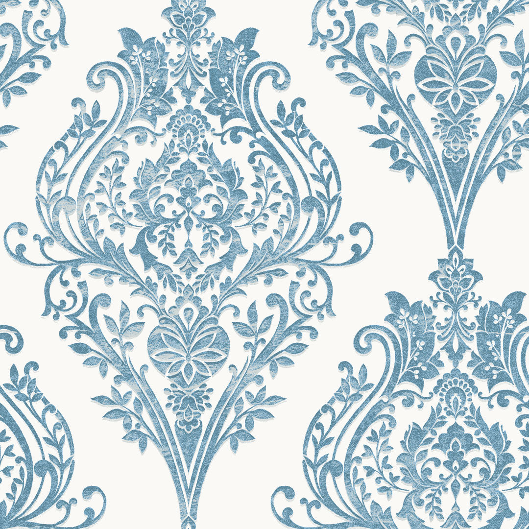Estate Damask Non-Pasted Wallpaper - A swatch of Estate Damask Unpasted Wallpaper in coastal blue damask | Tempaper#color_coastal-blue-damask