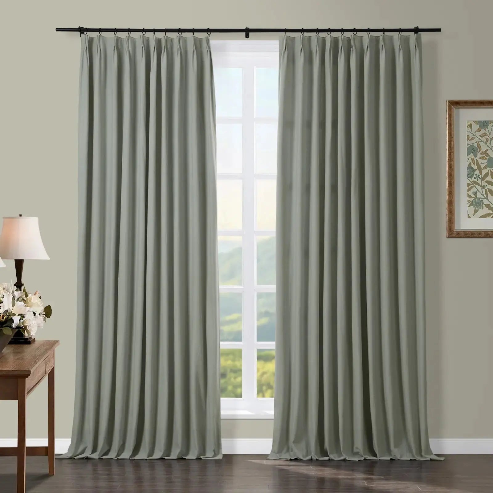 Broad 100 percent cotton plain weave pleated drapery for elegant insulated interiors