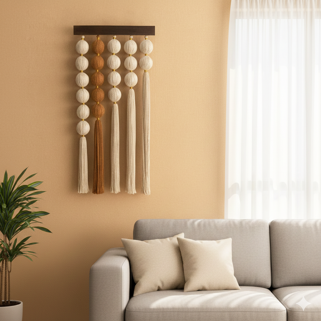 Handmade Macrame Fiber Wall Hanging with Wood, Boho Wall Decor