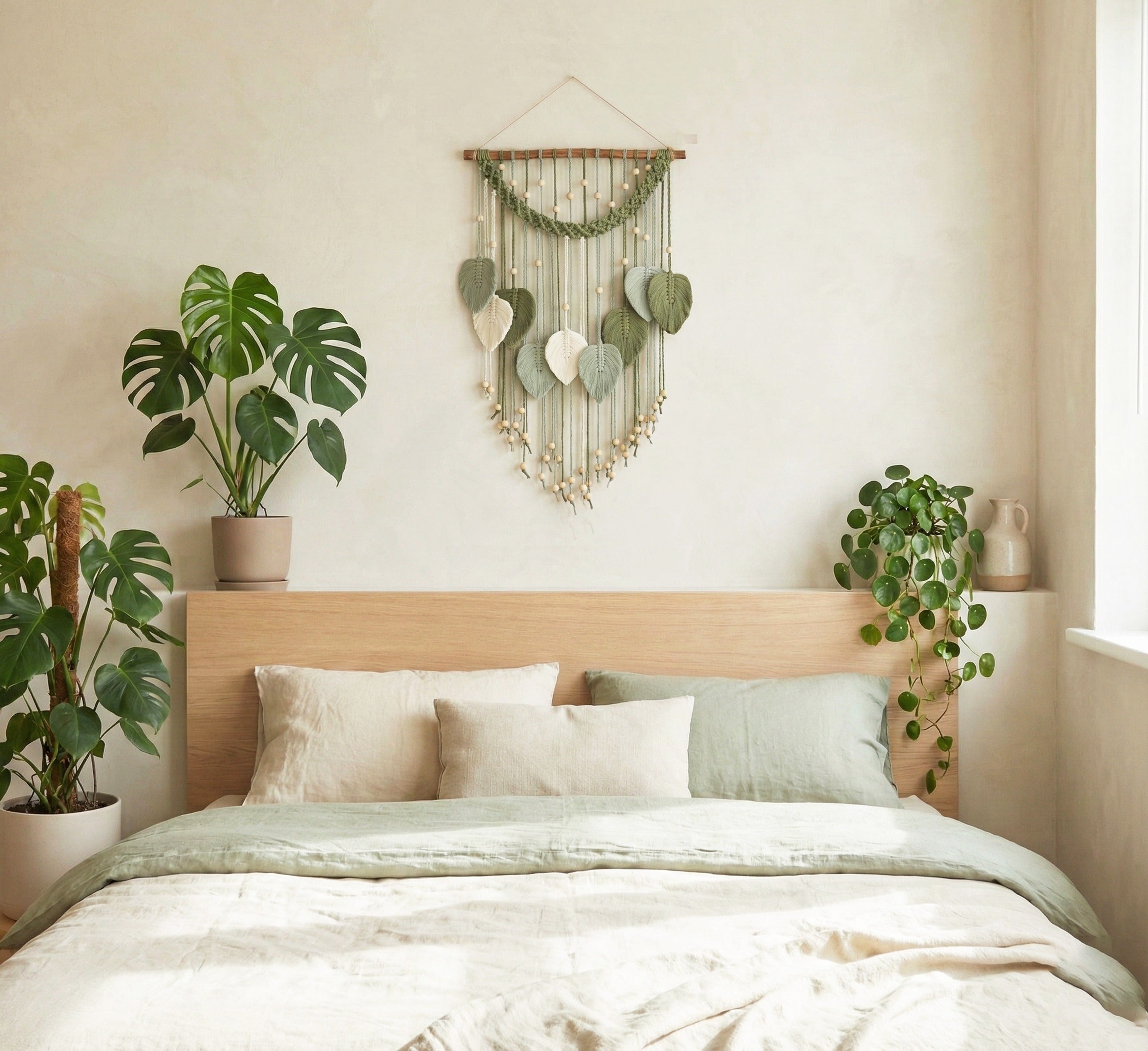 Large Handmade Macrame Leaf Wall Hanging with Wood Beads, Cotton Boho Wall Decor
